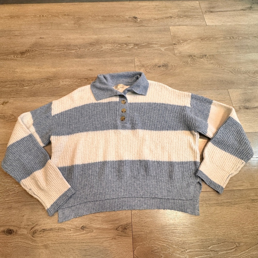 Ultra Flirt Striped Knit Polo Sweater Blue Cream Womens XLarge XL